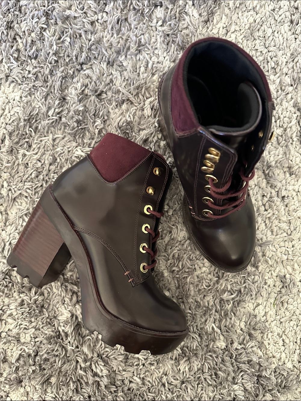 Aldo Burgundy Lace-Up Chunky Heel Ankle Boots